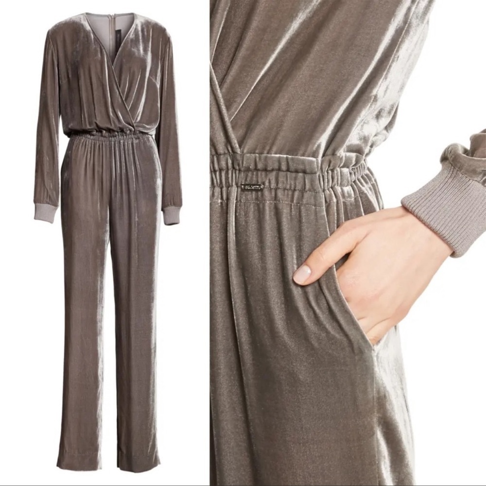 St John taupe crushed velvet silk/rayon jumpsuit Sz 6